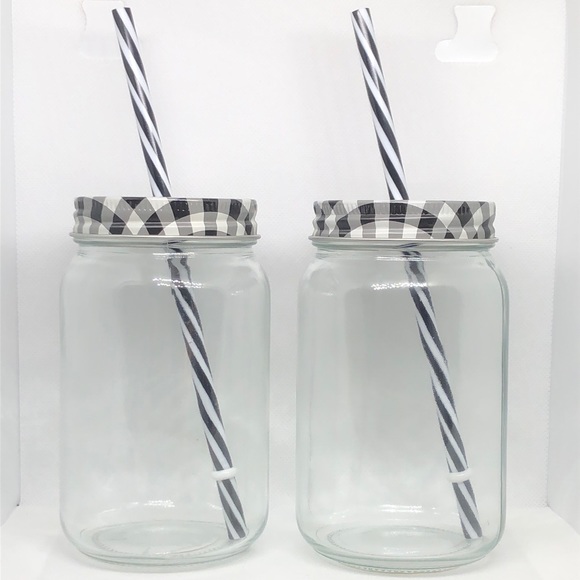 🖤🤍 Buffalo Plaid Mason Glass Jar with Metal Lid & Hard Plastic Straw 🤍🖤 NWT - Picture 1 of 4